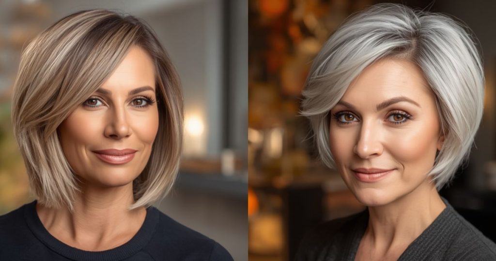 Confronto lob biondo e bob grigio corto per donna over 50.