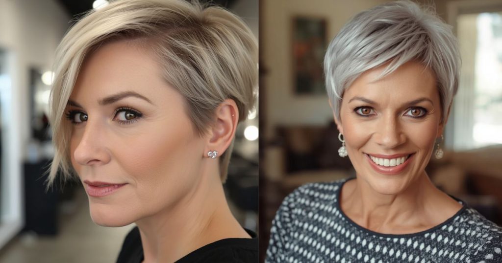 Taglio corto asimmetrico biondo e pixie cut grigio sbarazzino over 50