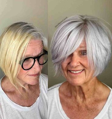 prima e dopo capelli grigi donna over 60 colore