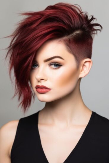 Taglio capelli rosso asimetrico con ciuffo lungo