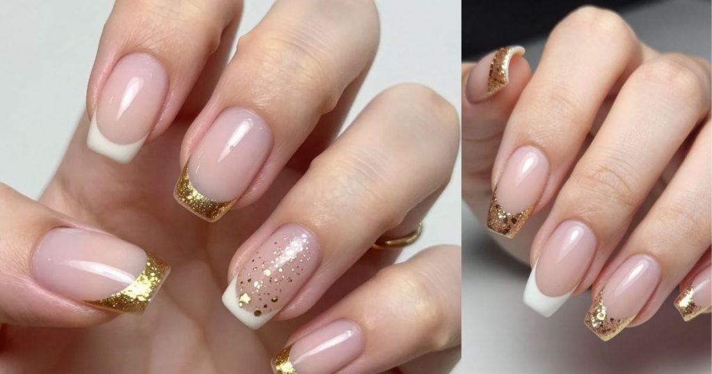 french manicure con glitter oro eleganza per febbraio 2026