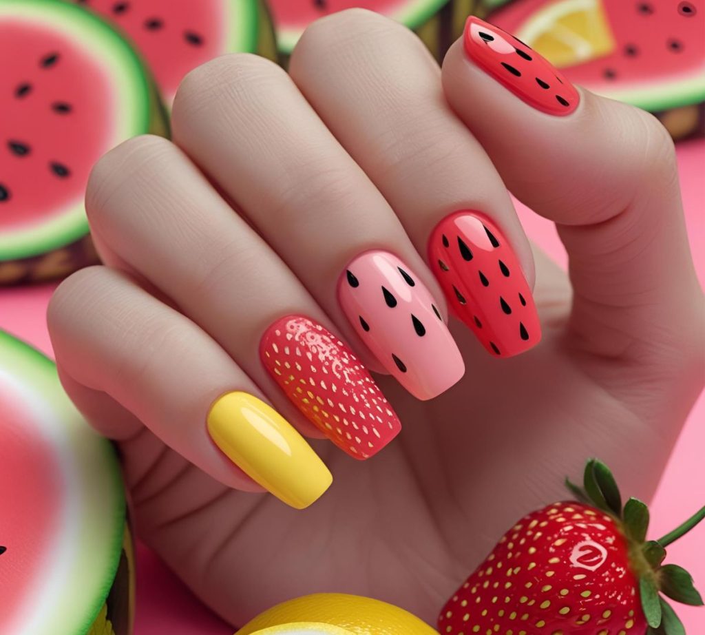 unghie corte colorate fragola limone frutta estate 2025