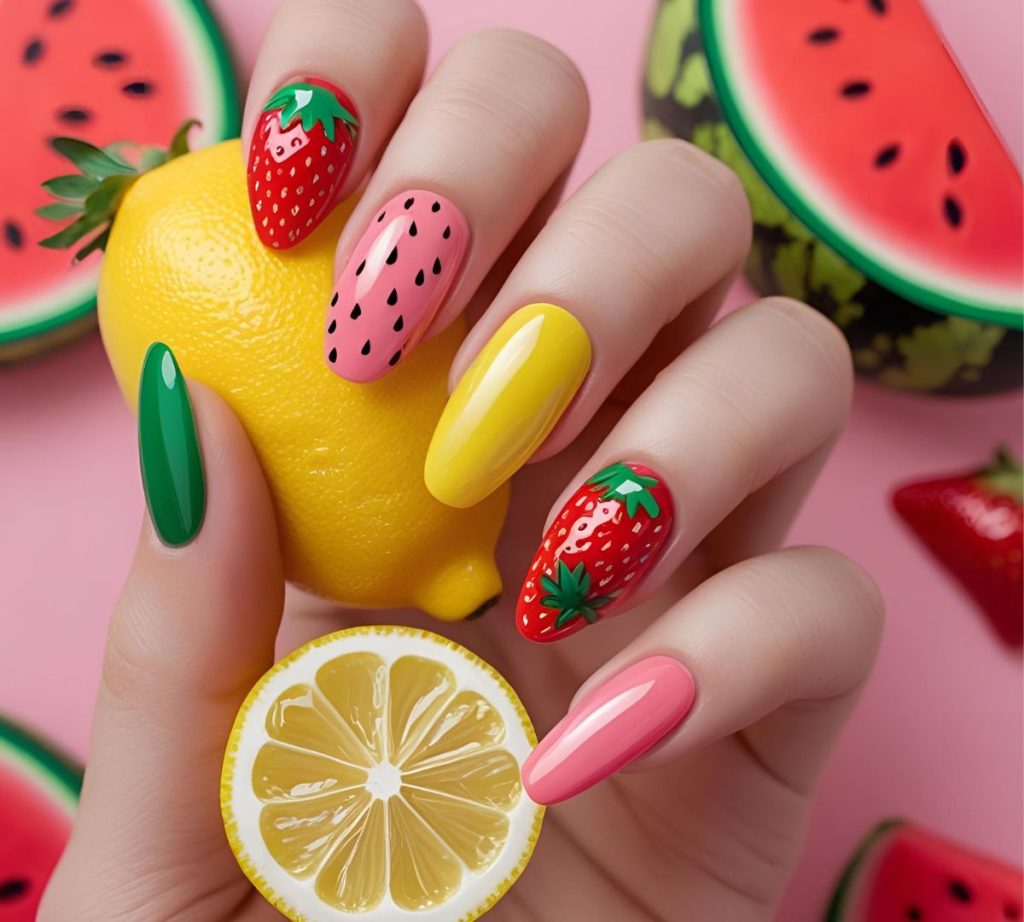 unghie decorazioni frutta estate 2025 verdi gialle e fragola
