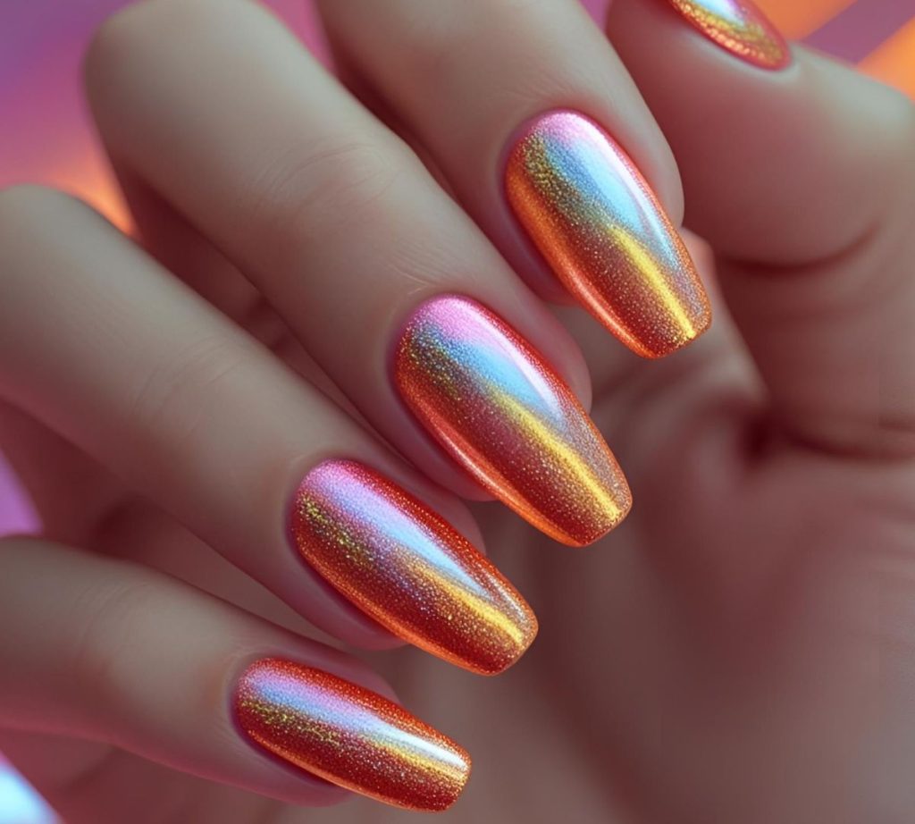 unghie rosa e arancio velvet 2025 glitter estate
