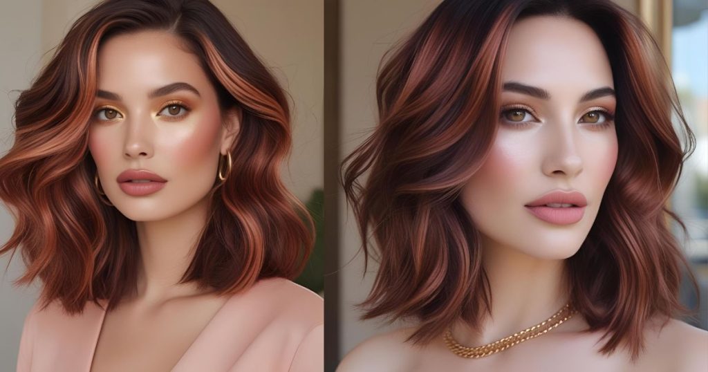 capelli castano ramato medio lunghi balayage occhi nocciola make up agosto settembre 2025