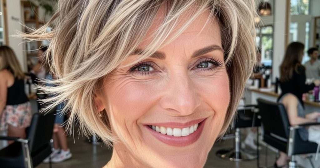 Taglio Bixie argento per donna over 60 che porta gli occhiali, look fresco senza phon per l'estate